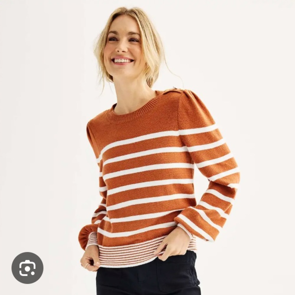 Draper James Burnt Orange & White Striped Balloon Sleeve Crewneck Sweater XXL